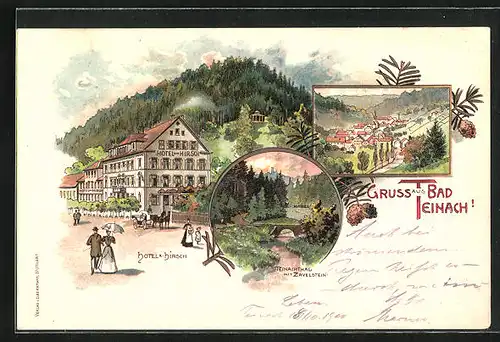 Lithographie Bad Teinach, Hotel zum Hirsch, Teinachtal mit Zavelstein