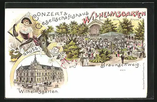 Lithographie Braunschweig, Gasthaus Wilhelmsgarten, Adrett gekleidete Kundin