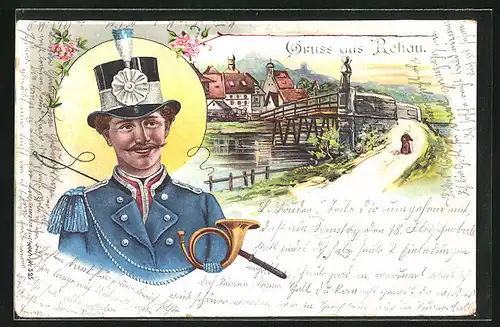 Lithographie Rehau in Bayern, Ortsbrücke mit Mönch, Brief, Horn