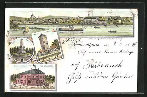 Lithographie Weissenturm, Bahn-Hotel von Peter Hommer, Alter Zollturm, Flusspartie mit Dampfern