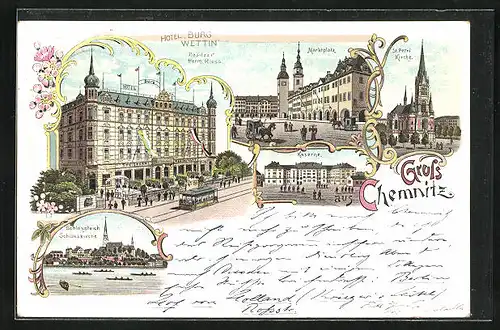 Lithographie Chemnitz, Hotel Burg Wettin, Marktplatz, St. Petri Kirche, Kaserne