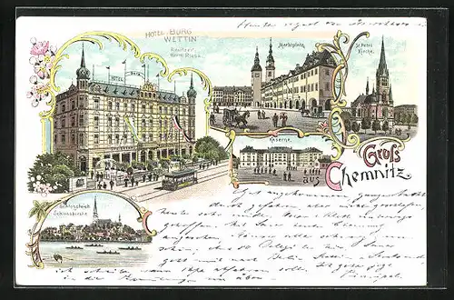 Lithographie Chemnitz, Hotel Burg Wettin, Marktplatz, Schlosskirche