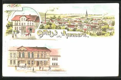 Lithographie Ammern, Gasthaus zum Prinz Wilhelm, Schmiederei C. Bark, Totalansicht