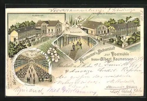 Lithographie Neustadt a. d. H., Restaurant und Badeanstalt zur Postmühle, Innen- und Aussenansicht