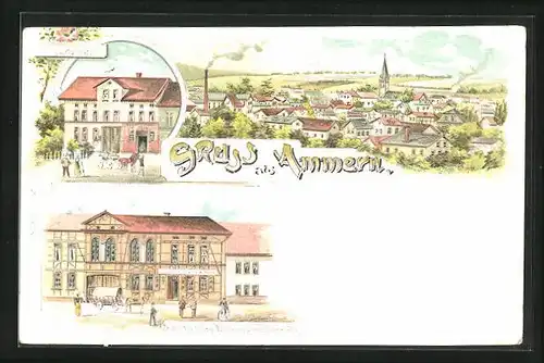 Lithographie Ammern, Gasthaus zum Prinz Wilhelm, Schmiederei C. Bark, Totalansicht