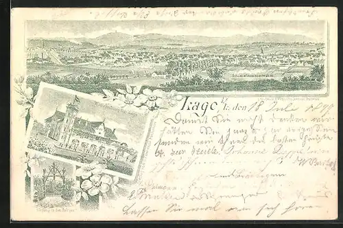 Lithographie Lage / Lippe, Panorama mit Gasthaus Wilhelmsburg, Eingang zu den Anlagen