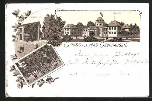 Vorläufer-Lithographie Bad Oeynhausen, 1891, Kur-Hotel mit Wandelbahn, Partie vor der Glashalle