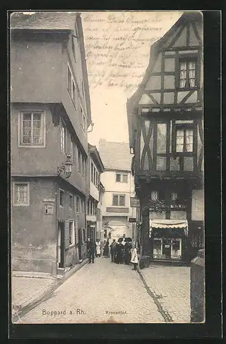 AK Boppard a. Rh., Strasseneck Judengasse Eltzerhofstrasse und Kronengasse am Kronentor mit Bäckerei