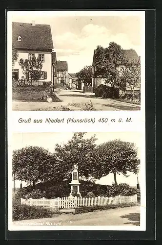 AK Niedert /Hunsrück, Strassenpartie mit Gebäudeansicht, Kriegerdenkmal 1914-1918