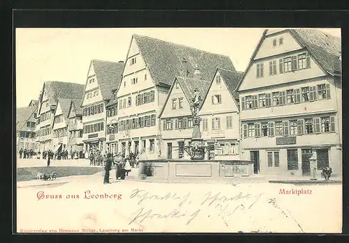 AK Leonberg, Marktplatz mit Geschäften und Brunnen