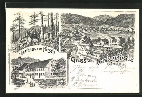 Lithographie Enzklösterle bei Wildbad, Gasthaus zum Hirsch, Waldpartie mit Hirsch u. Rehen, Teilansicht