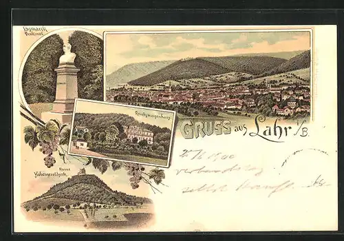 Lithographie Lahr i. B., Reichswaisenhaus, Ruine Hohengeroldseck, Bismarck-Denmal