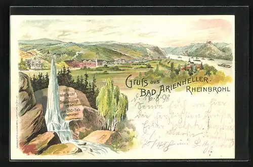 Lithographie Bad Arienheller-Rheinbrohl, Panorama mit Sprudel am Dreikönigstage 1897