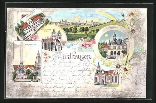 Lithographie Mühlhausen / Thüringen, Gasthaus Weisses Haus, Obermarkts Kirche, Popperode bei Mondschein