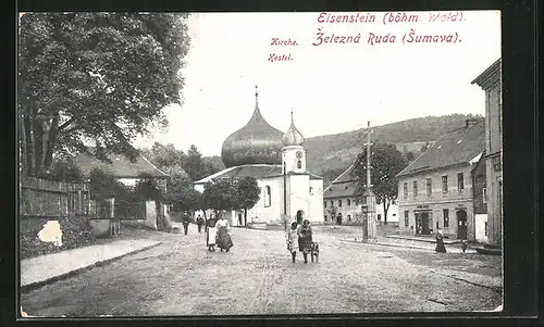 AK Zelezna Ruda na Sumave, Strassenpartie mit Kirche