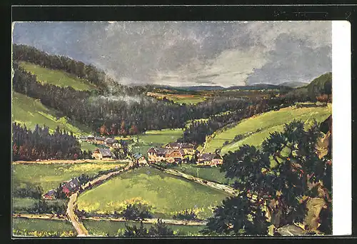 Künstler-AK Modrava na Sumave, Totalansicht aus der Vogelschau