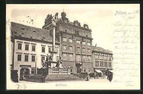 AK Pilsen, Rathaus mit Denkmal