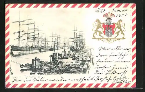 Präge-AK Hamburg, Segelschiffe im Hafen, Stadtwappen