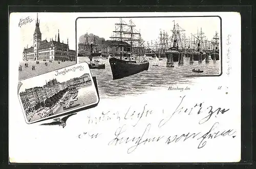 Lithographie Hamburg, Hafenpanorama, Jungfernstieg und neues Rathaus