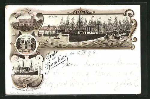 Lithographie Hamburg, Hafenbild, Seemannshaus, Schnelldampfer Augusta Victoria