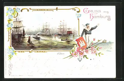 Lithographie Hamburg, Segelschiffe im Hafen, Matrose hält Wappen