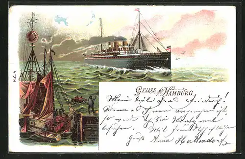 Lithographie Hamburg, Hafen mit Dampfer