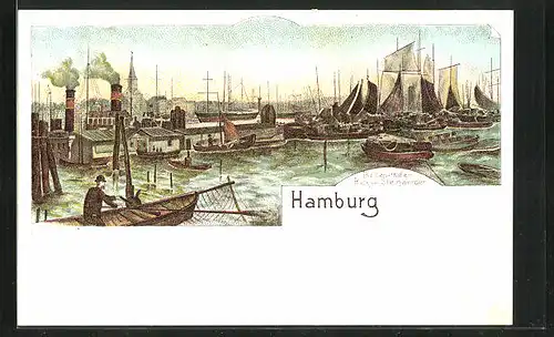 Lithographie Hamburg, Binnenhafen vom Steinwerder gesehen