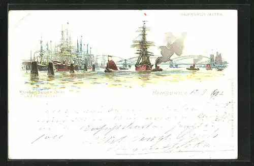 Lithographie Hamburg, Hafen mit Kirchenbauer Quai und Elbbrücken