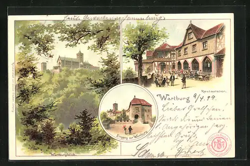 Lithographie Wartburg, Gesamtansicht, Eingang, Restauration
