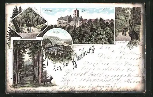 Lithographie Wartburg, Totalansicht, Drachenschlucht, Marienthal