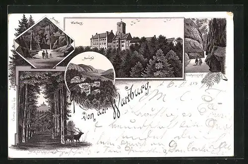 Lithographie Wartburg, Totalansicht, Drachenschlucht, Marienthal