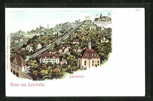 Lithographie Loschwitz, Stadtansicht mit Schwebebahn