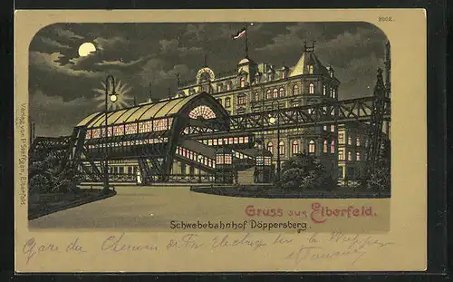 Mondschein-Lithographie Schwebebahnhof Döppersberg mit leuchtenden Fenstern