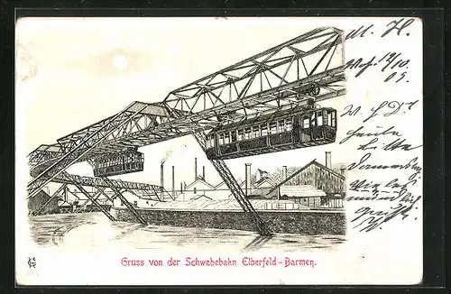 Lithographie Schwebebahn Elberfeld-Barmen