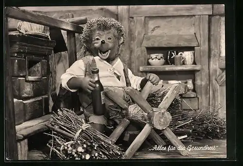 AK Alles für die Gesundheit, Mecki mit Flasche am Holzbock stehend