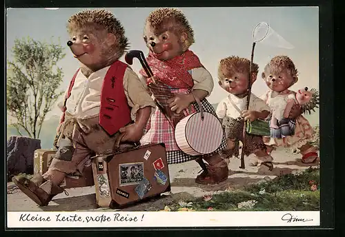 AK Kleine Leute, grosse Reise!, Mecki-Familie mit Gepäck