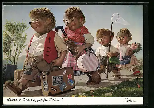AK Kleine Leute, grosse Reise!, Mecki-Familie mit Gepäck
