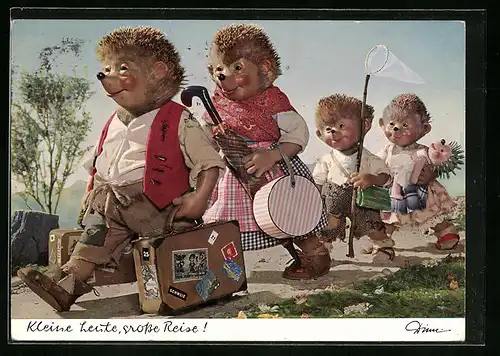 AK Kleine Leute, grosse Reise!, Mecki-Familie mit Gepäck