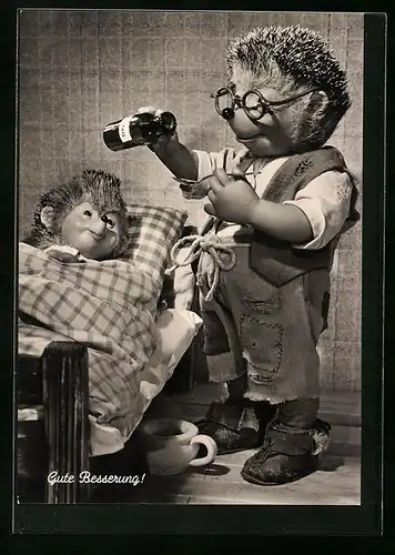 AK Gute Besserung!, Mecki-Vater gibt seinem Kind Medizin auf einem Löffel