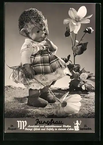 AK Mecki-Mädchen mit Blumen, Sternzeichen Jungfrau