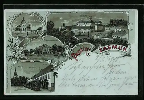 Mondschein-Lithographie Zasmuky, Zámek Becvárecký, Kostel Chvatlinský, Skola, Dekanstvi