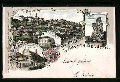 Lithographie Nove Benatky, Dekanský chrám Páne, Mestanská skola, Cást zricenin hradu Drazického