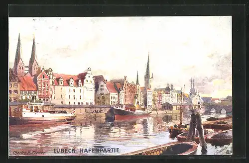 Künstler-AK Charles F. Flower: Lübeck, Hafenpartie
