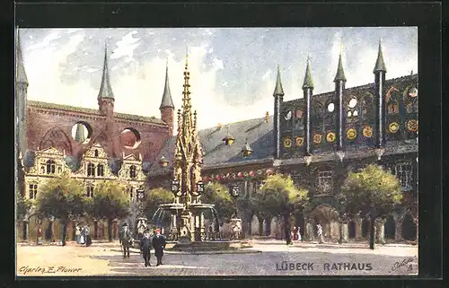Künstler-AK Charles F. Flower: Lübeck, Rathaus und Brunnen