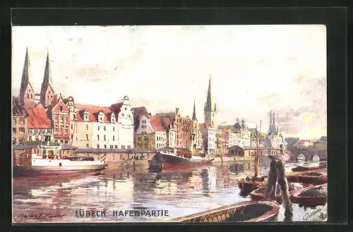 Künstler-AK Charles F. Flower: Lübeck, Hafenpartie