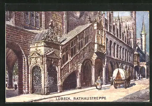 Künstler-AK Charles F. Flower: Lübeck, an der Rathaustreppe