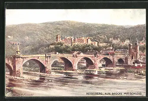 Künstler-AK Charles F. Flower: Heidelberg, Alte Brücke mit Schloss