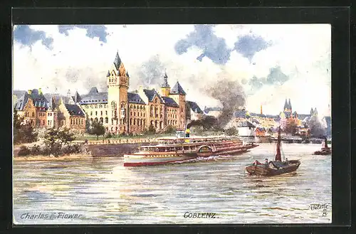 Künstler-AK Charles F. Flower: Coblenz, Schloss und Dampfer