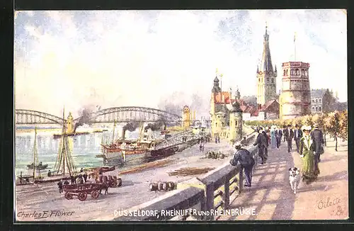 Künstler-AK Charles F. Flower: Düsseldorf, Rheinufer und Rheinbrücke