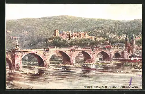 Künstler-AK Charles F. Flower: Heidelberg, Alte Brücke mit Schloss